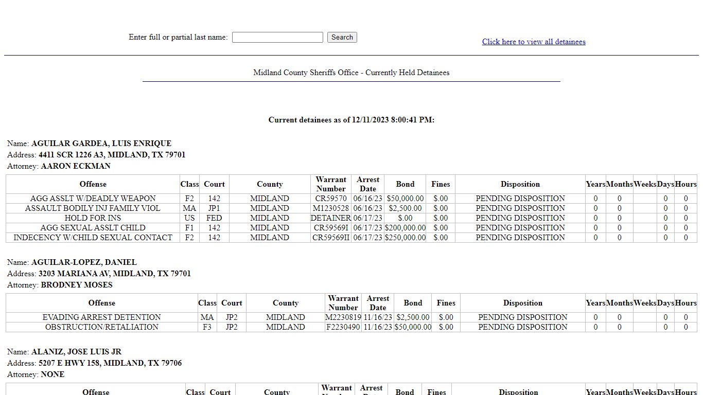 Midland County Sheriffs Office - Currently Held Detainees
